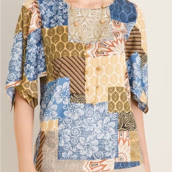 Chico’s Patchwork-Print Drape-Sleeve Blouse - Chico's Sz 2 = Sz 12/14 - Picture 15 of 15